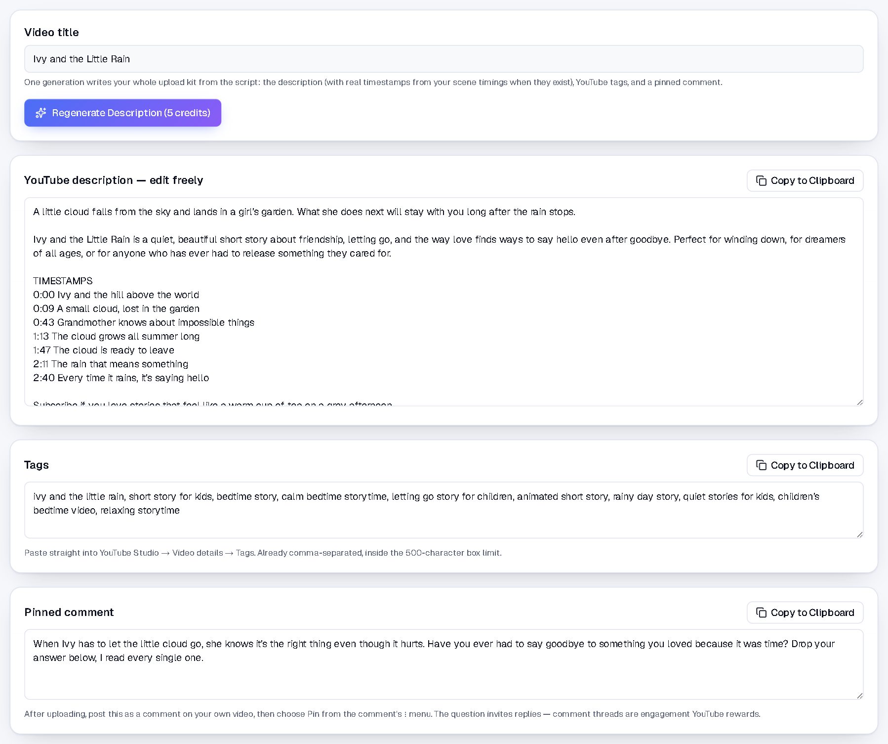 The Description tab: the whole upload kit, a description with real timestamps, tags, and a pinned comment