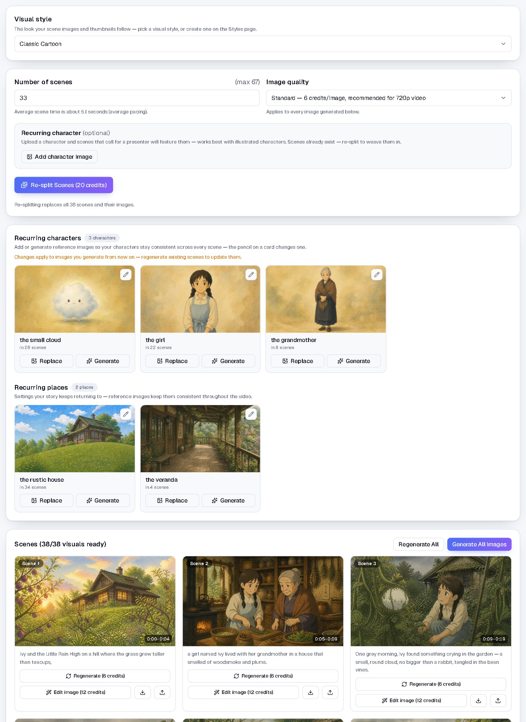 The Visuals tab: 38 scenes illustrated, plus the recurring characters it found automatically