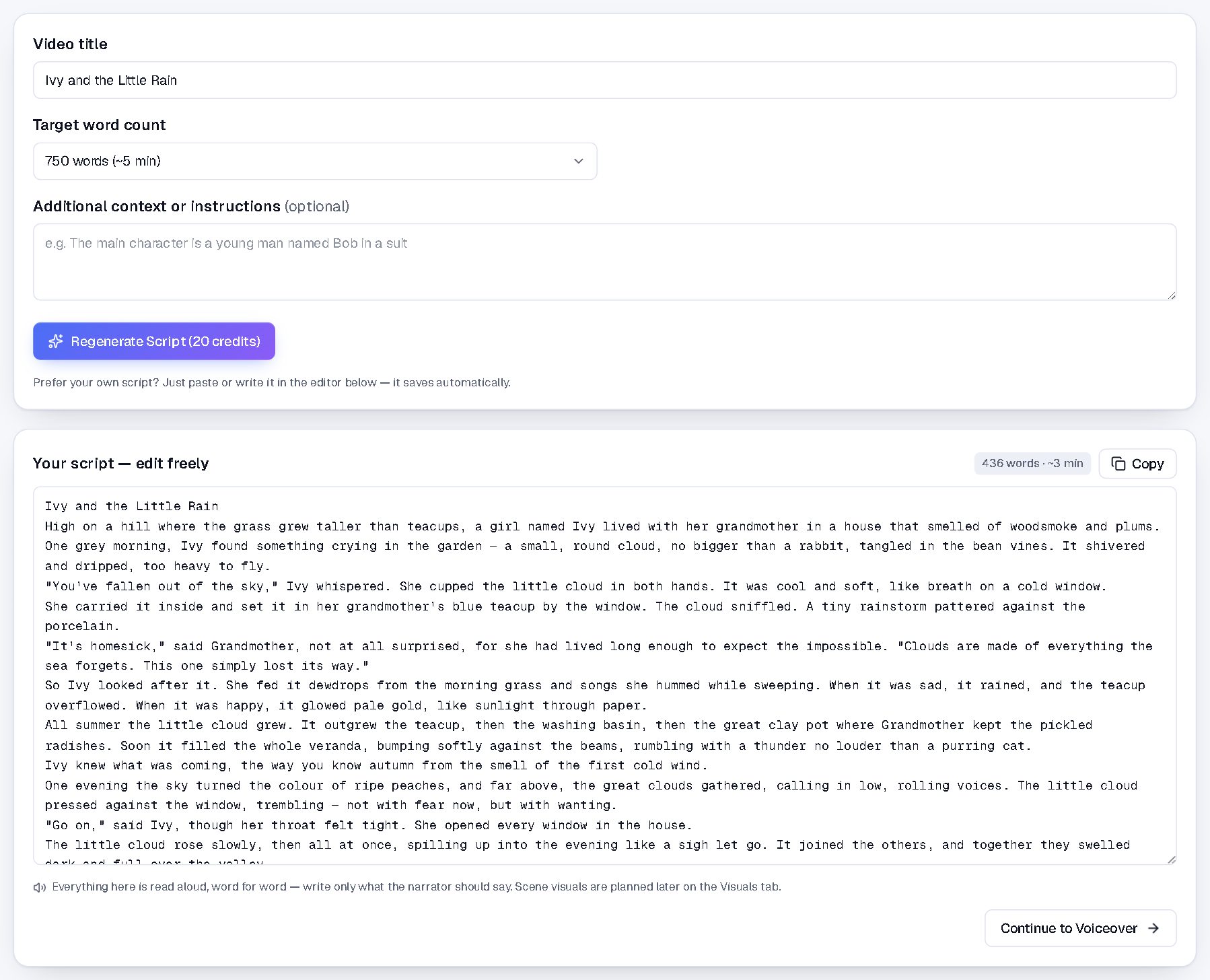 The Script tab: the full script, editable and auto-saved