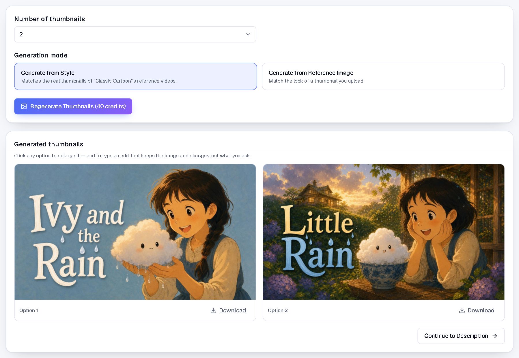 The Thumbnail tab: two options generated for this video, editable in place